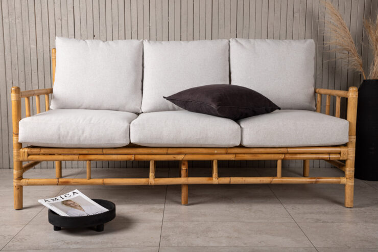 Cane – Canapé 3 places – Naturel, Gris clair – 77 x 88 x 180 cm