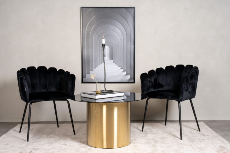 Ystad – Table basse – Noir, Doré brossé, Doré, Transparent – ⌀80 cm