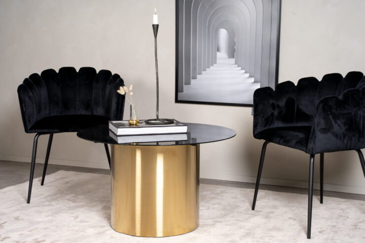 Ystad – Table basse – Noir, Doré brossé, Doré, Transparent – ⌀80 cm