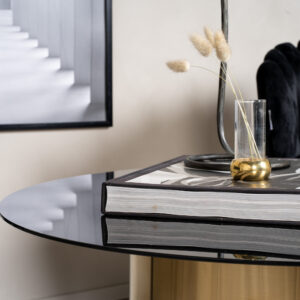 Ystad – Table basse – Noir, Doré brossé, Doré, Transparent – ⌀80 cm