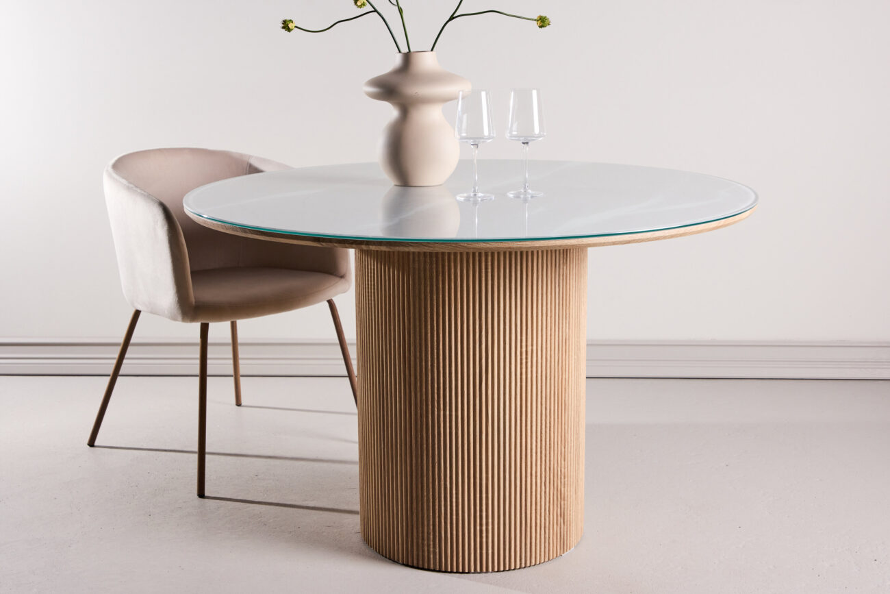 Härön – Table à manger ronde – Naturel, Blanc – ⌀120 cm