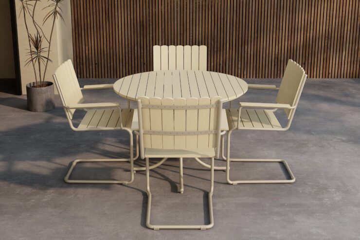 Holmsund – Ensemble repas – Beige – Table : ⌀100cm, Chaise : 55 x 87 x 59 cm