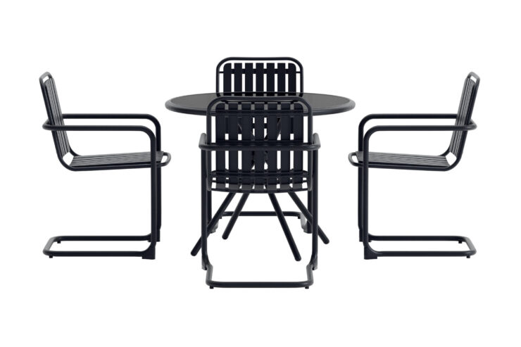 Chios – Ensemble repas – Noir – Table : ⌀90cm, Chaise : 59 x 83 x 51,5 cm