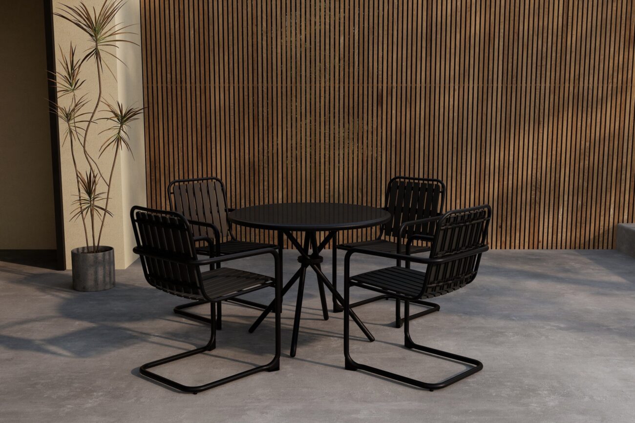 Chios – Ensemble repas – Noir – Table : ⌀90cm, Chaise : 59 x 83 x 51,5 cm