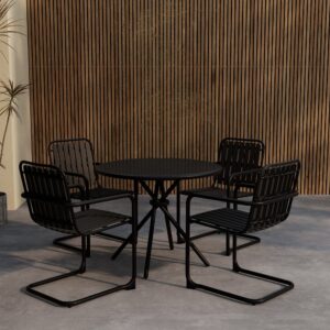 Chios – Ensemble repas – Noir – Table : ⌀90cm, Chaise : 59 x 83 x 51,5 cm