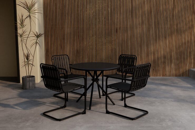 Chios – Ensemble repas – Noir – Table : ⌀90cm, Chaise : 59 x 83 x 51,5 cm