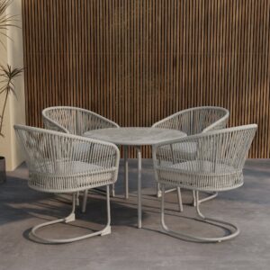 Tilos – Ensemble repas – Beige – Table : ⌀90cm, Chaise : 58 x 79 x 57 cm