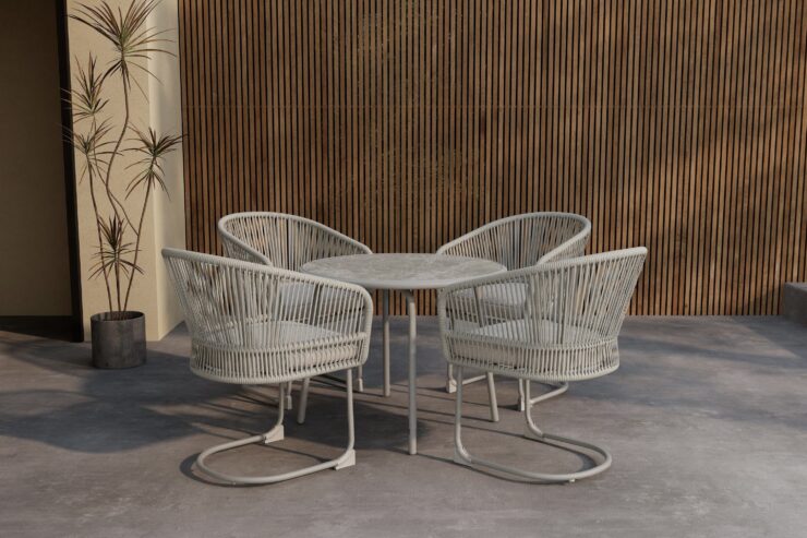 Tilos – Ensemble repas – Beige – Table : ⌀90cm, Chaise : 58 x 79 x 57 cm