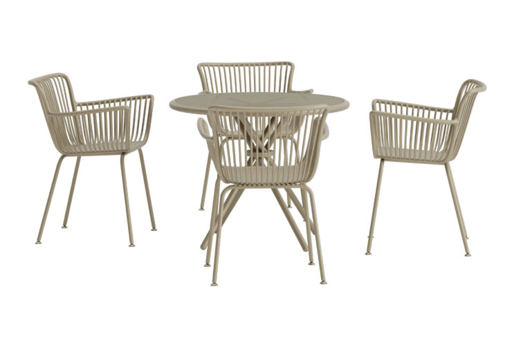 Sifnos – Ensemble repas – Beige – Table : ⌀90cm, Chaise : 57 x 81 x 59 cm