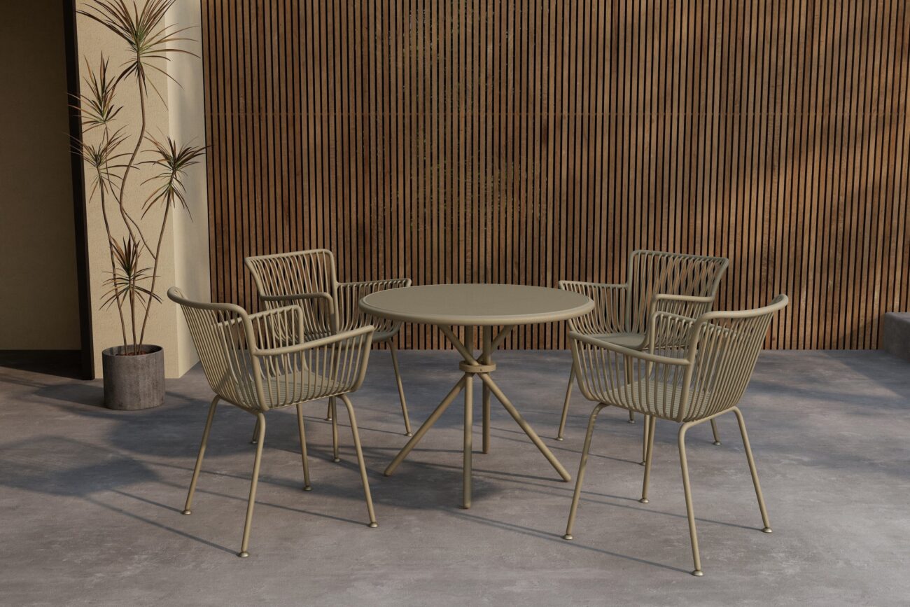 Sifnos – Ensemble repas – Beige – Table : ⌀90cm, Chaise : 57 x 81 x 59 cm