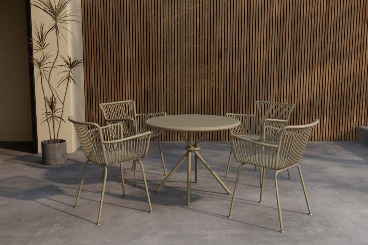 Sifnos – Ensemble repas – Beige – Table : ⌀90cm, Chaise : 57 x 81 x 59 cm