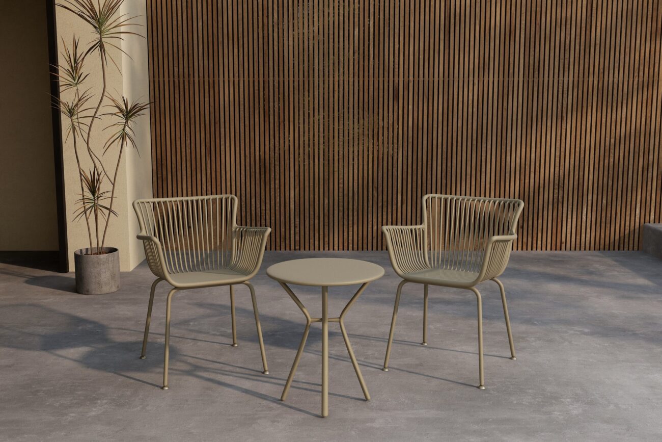 Sifnos – Set café – Beige – Table : ⌀60cm, Chaise : 57 x 81 x 59 cm