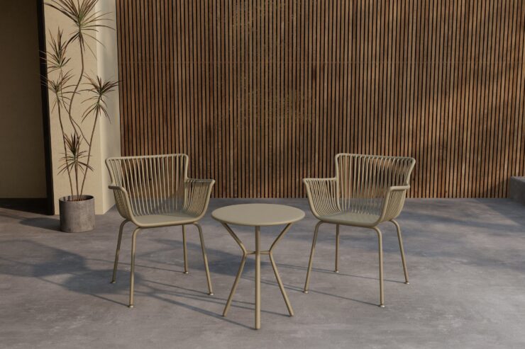 Sifnos – Set café – Beige – Table : ⌀60cm, Chaise : 57 x 81 x 59 cm