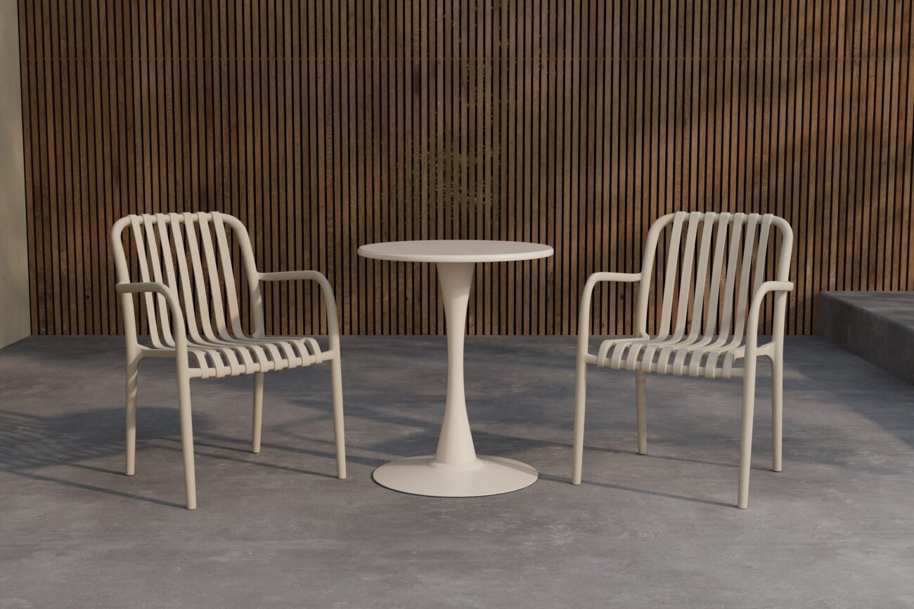 Limnos – Set café – Beige – Table : ⌀60cm, Chaise : 57 x 80 x 54 cm