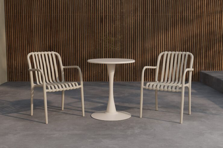 Limnos – Set café – Beige – Table : ⌀60cm, Chaise : 57 x 80 x 54 cm