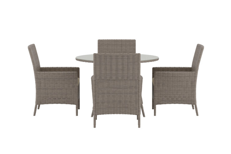 Lefkas – Ensemble repas – Marron, Transparent – Table : ⌀110cm, Chaise : 60 x 90 x 60 cm
