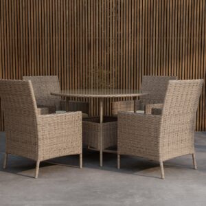 Lefkas – Ensemble repas – Marron, Transparent – Table : ⌀110cm, Chaise : 60 x 90 x 60 cm