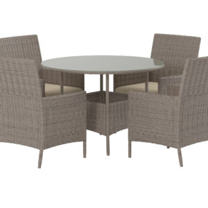 Lefkas – Ensemble repas – Marron, Transparent – Table : ⌀110cm, Chaise : 60 x 90 x 60 cm