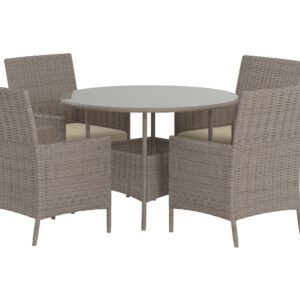 Lefkas – Ensemble repas – Marron, Transparent – Table : ⌀110cm, Chaise : 60 x 90 x 60 cm