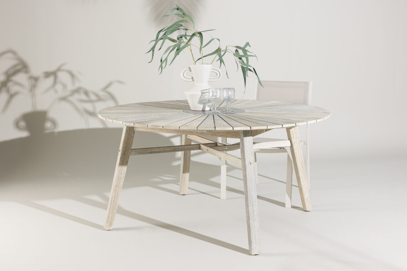 Rives – Table à manger ronde – Blanchi, Gris – ⌀150 cm