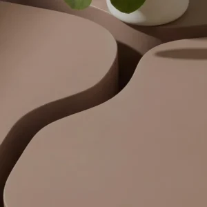 Gros plan sur les plateaux aux courbes organiques des tables basses taupe