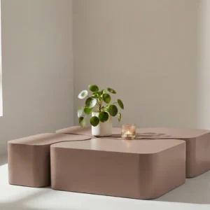 Ensemble de tables basses organiques taupe dans un intérieur lumineux et moderne