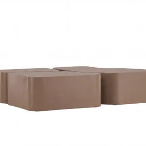 Ensemble de tables basses modulaires taupe aux formes organiques, vue de face
