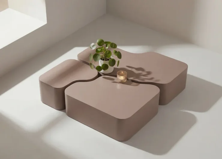 Vue de dessus de l’ensemble de tables basses modulaires taupe aux formes libres