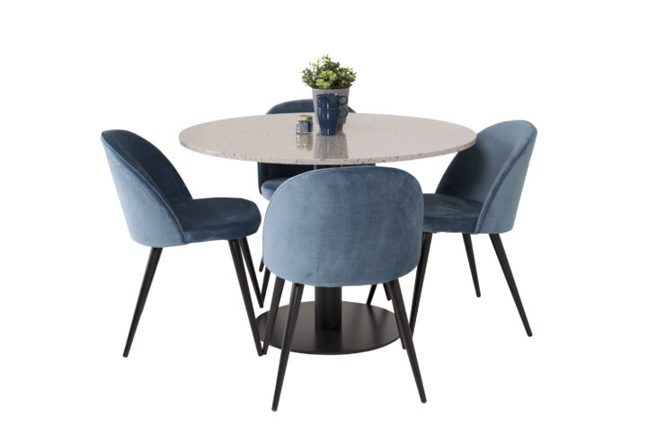 Razzia, Velvet – Ensemble repas rond – Gris – Table : ⌀106 Chaise : 57 x 76,5 x 50 cm