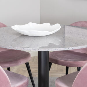 Razzia, Velvet – Ensemble repas rond – Gris – Table : ⌀106 Chaise : 57 x 76,5 x 50 cm
