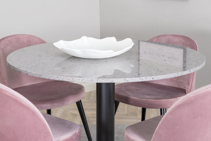 Razzia, Velvet – Ensemble repas rond – Gris – Table : ⌀106 Chaise : 57 x 76,5 x 50 cm