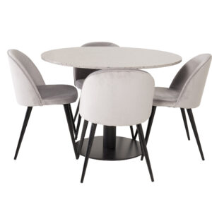 Razzia, Velvet – Ensemble repas rond – Gris – Table : ⌀106 Chaise : 57 x 76,5 x 50 cm