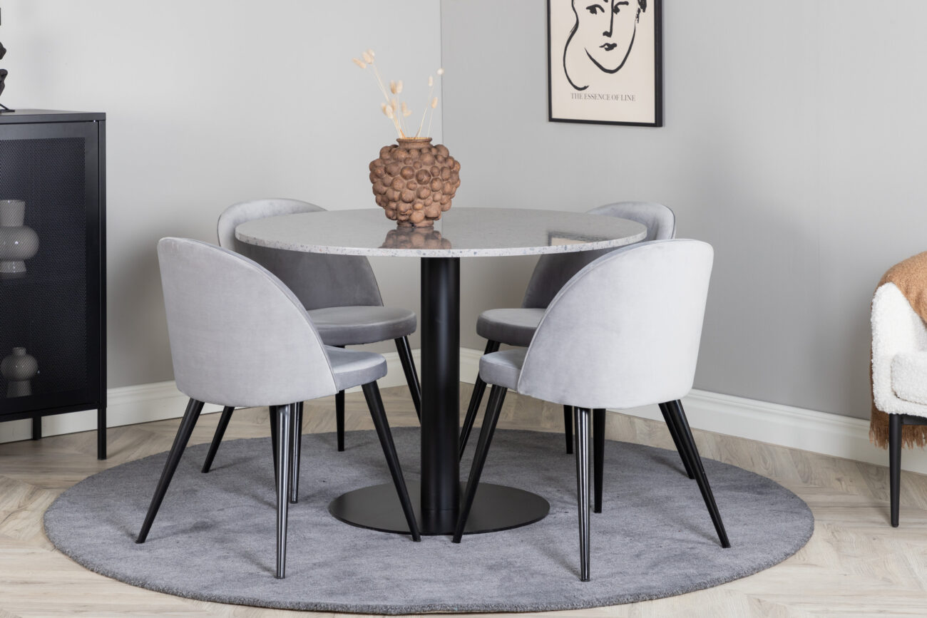 Razzia, Velvet – Ensemble repas rond – Gris – Table : ⌀106 Chaise : 57 x 76,5 x 50 cm