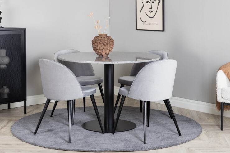 Razzia, Velvet – Ensemble repas rond – Gris – Table : ⌀106 Chaise : 57 x 76,5 x 50 cm