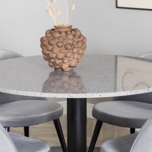 Razzia, Velvet – Ensemble repas rond – Gris – Table : ⌀106 Chaise : 57 x 76,5 x 50 cm