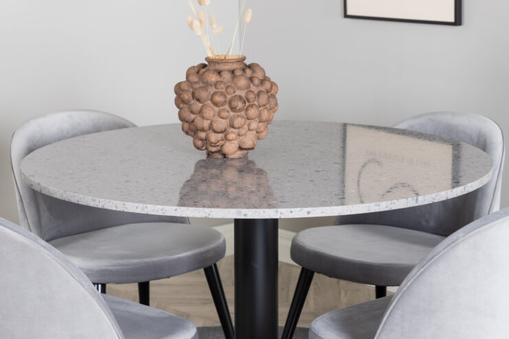 Razzia, Velvet – Ensemble repas rond – Gris – Table : ⌀106 Chaise : 57 x 76,5 x 50 cm