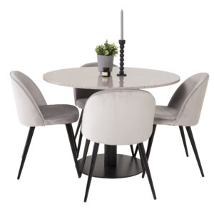 Razzia, Velvet – Ensemble repas rond – Gris – Table : ⌀106 Chaise : 57 x 76,5 x 50 cm