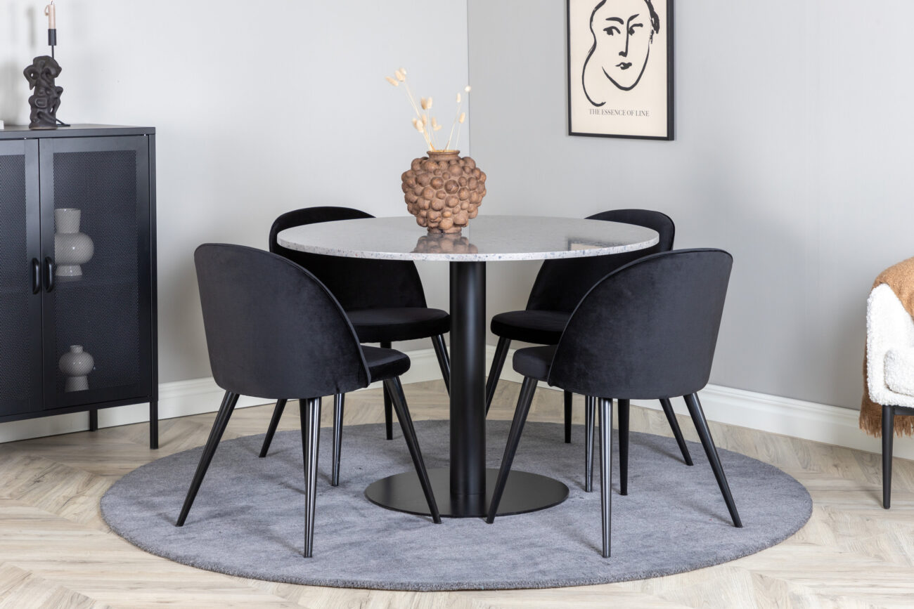Razzia, Velvet – Ensemble repas rond – Gris – Table : ⌀106 Chaise : 57 x 76,5 x 50 cm