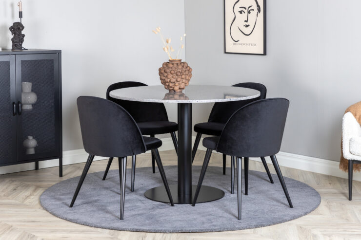 Razzia, Velvet – Ensemble repas rond – Gris – Table : ⌀106 Chaise : 57 x 76,5 x 50 cm