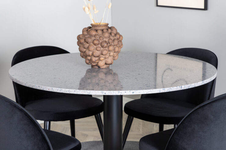 Razzia, Velvet – Ensemble repas rond – Gris – Table : ⌀106 Chaise : 57 x 76,5 x 50 cm