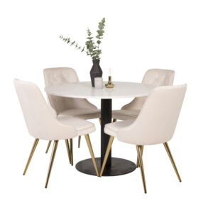 Razzia, Velvet Deluxe – Ensemble repas rond – Blanc – Table : ⌀106 Chaise : 66 x 88,5 x 50 cm