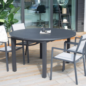 Marbella, Copacabana – Ensemble repas – Noir – Table : ⌀140 Chaise : 60,5 x 88 x 60 cm