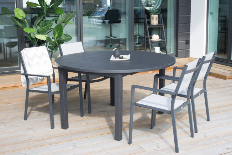 Marbella, Copacabana – Ensemble repas – Noir – Table : ⌀140 Chaise : 60,5 x 88 x 60 cm