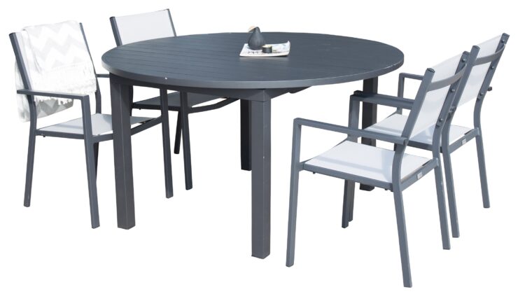 Marbella, Copacabana – Ensemble repas – Noir – Table : ⌀140 Chaise : 60,5 x 88 x 60 cm