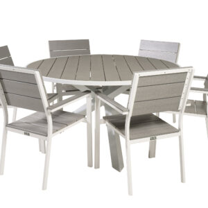 Parma, Levels – Ensemble repas – Gris – Table : ⌀140 Chaise : 59 x 89 x 57 cm