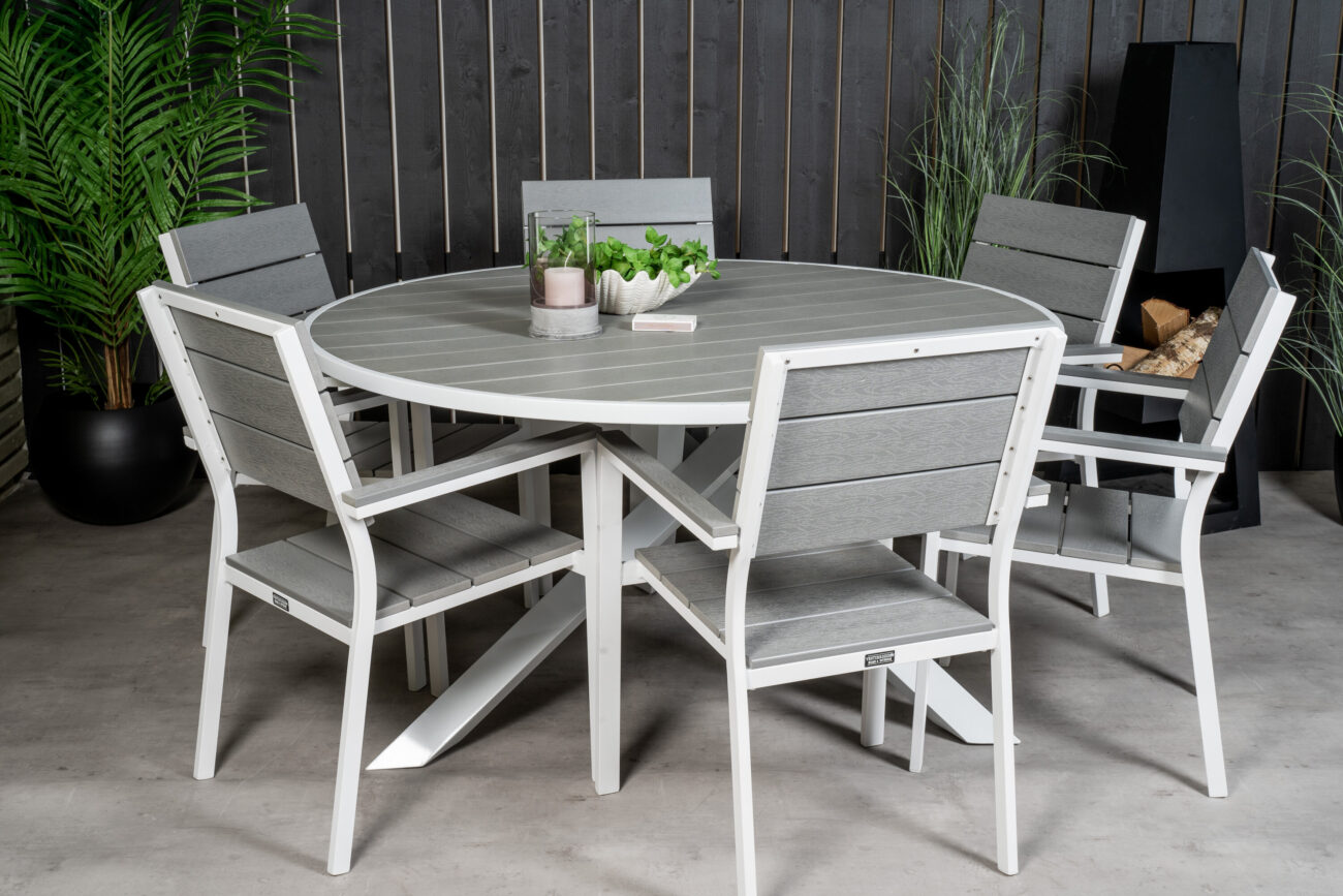 Parma, Levels – Ensemble repas – Gris – Table : ⌀140 Chaise : 59 x 89 x 57 cm