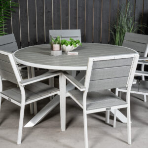 Parma, Levels – Ensemble repas – Gris – Table : ⌀140 Chaise : 59 x 89 x 57 cm