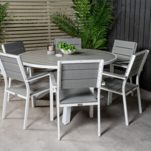 Parma, Levels – Ensemble repas – Gris – Table : ⌀140 Chaise : 59 x 89 x 57 cm