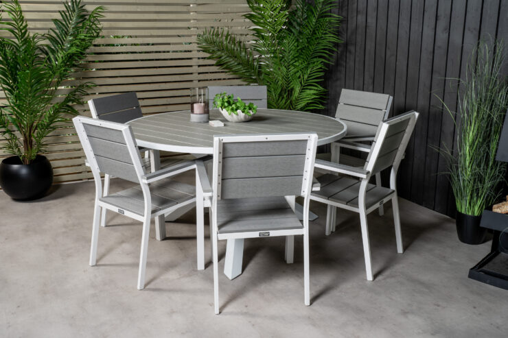 Parma, Levels – Ensemble repas – Gris – Table : ⌀140 Chaise : 59 x 89 x 57 cm