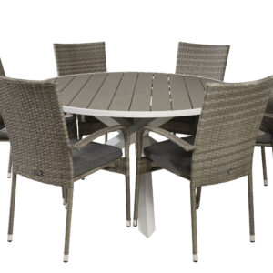 Parma, Anna – Ensemble repas – Gris – Table : ⌀140 Chaise : 62 x 96 x 55 cm
